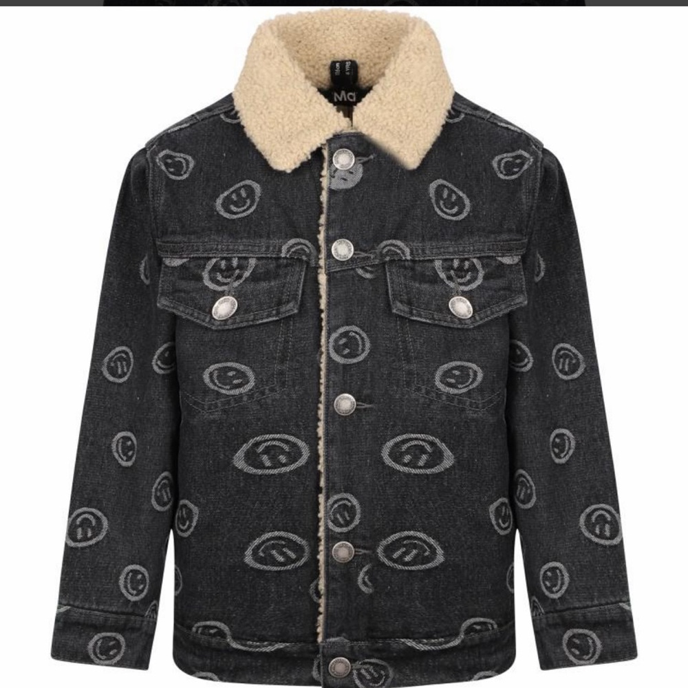 MOLO Boys Smiley Print Black Denim Jacket with Faux Shearling Collar And Lining